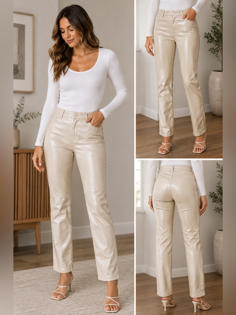 Abercrombie High Rise Faux Leather Straight Leg Pants Beige Size 16